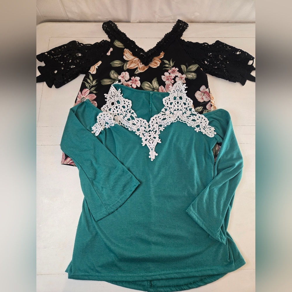 SHEIN Teal Top with White Lace V-Neck